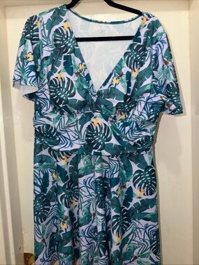 Tropical Leaf Wrap-Style Women’s Bikini Cover-Up in Teal and White
